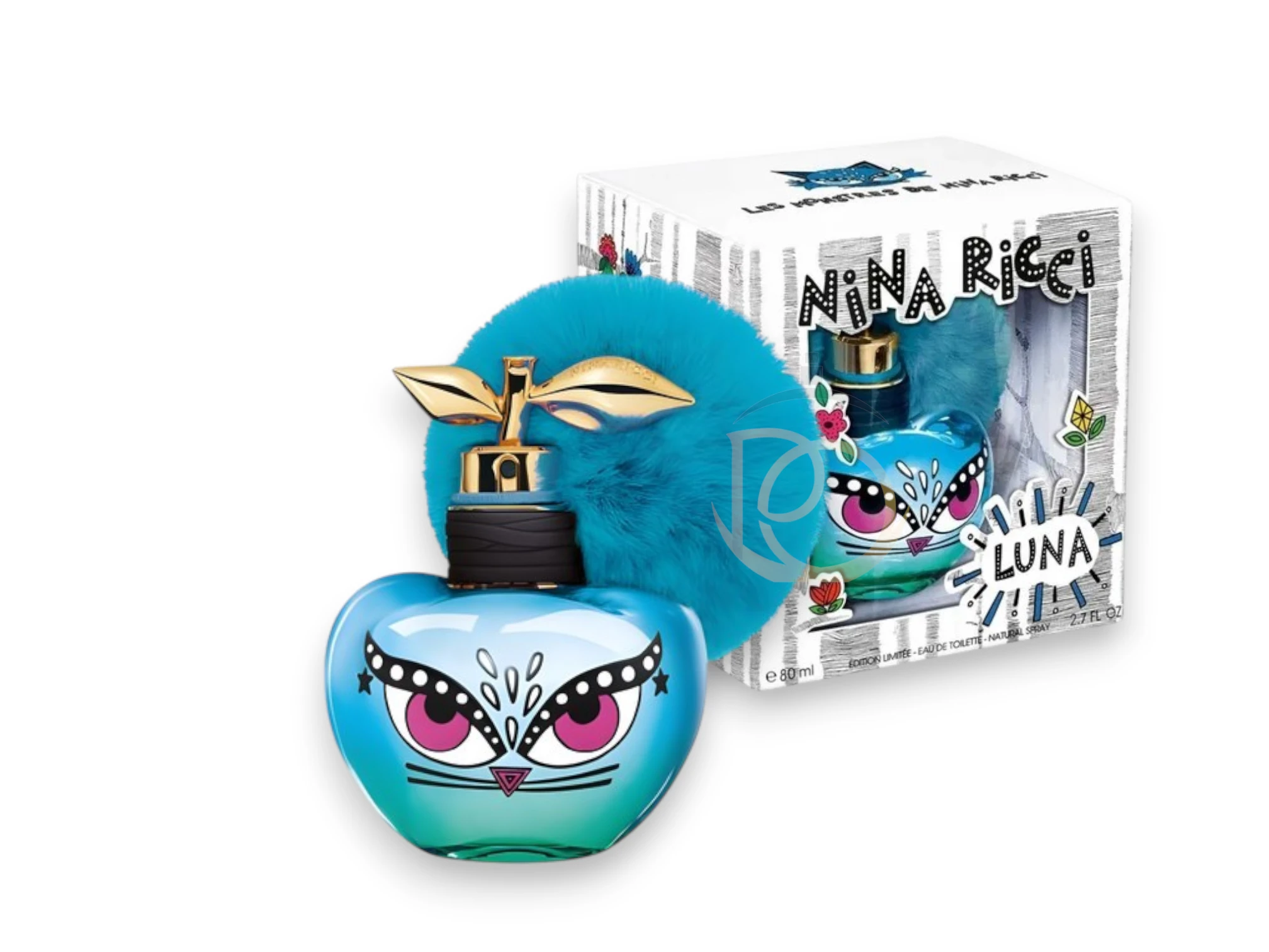 Frasco azul en forma de manzana con ojos divertidos y un pompón de piel sintética del perfume Nina Les Monstres Luna.