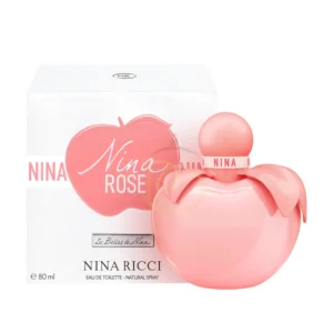 Frasco icónico en forma de manzana con un acabado lacado en rosa brillante y detalles plateados del perfume Nina Rose Nina Ricci.