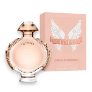 Elegante frasco de Paco Rabanne Olympea EDP con laureles tallados, símbolo de victoria y lujo.