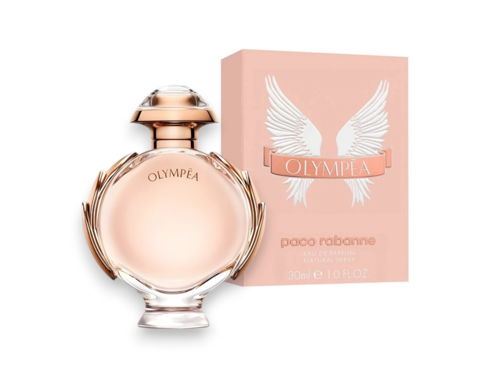 Elegante frasco de Paco Rabanne Olympea EDP con laureles tallados, símbolo de victoria y lujo.