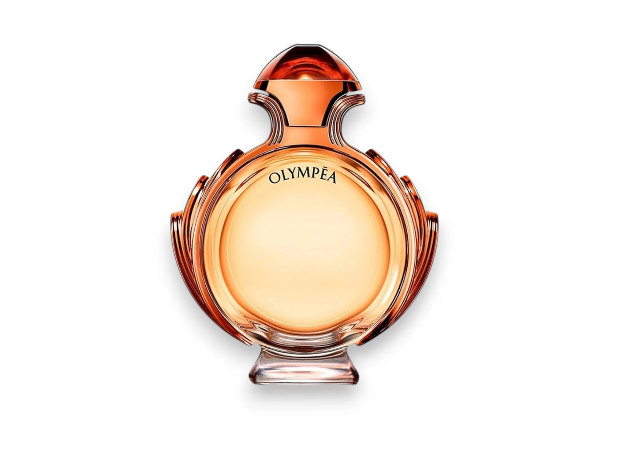 El diseño ambarino y lujoso del frasco de Olympea Intense EDP reflejando un magnetismo divino.