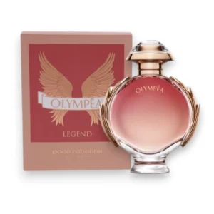 Frasco de Olympea Legend EDP con tonos cálidos que evocan el sol del desierto y el triunfo femenino.
