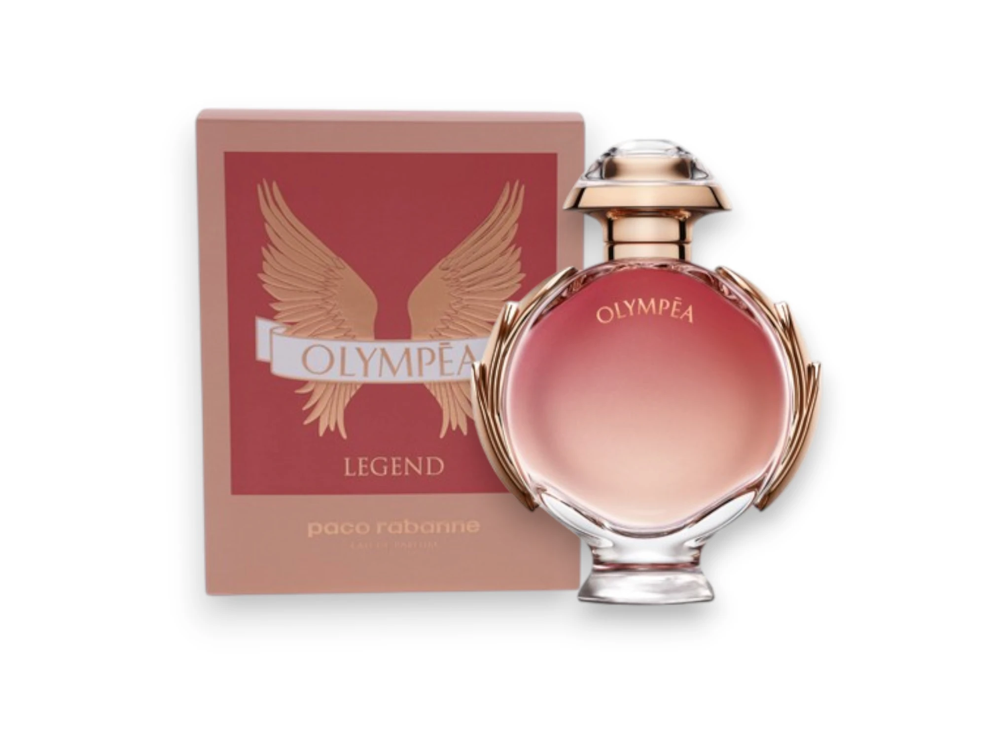 Frasco de Olympea Legend EDP con tonos cálidos que evocan el sol del desierto y el triunfo femenino.