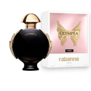 El imponente diseño del frasco Rabanne Olympea Parfum en tonos oscuros y dorados que evocan el éxito.