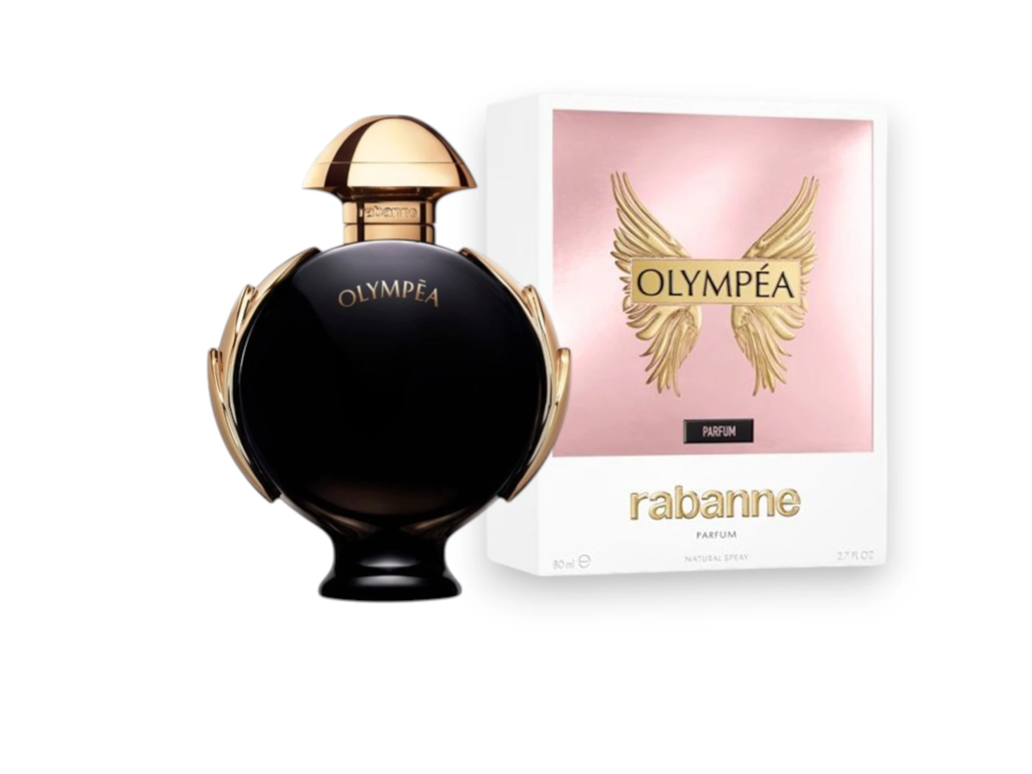 El imponente diseño del frasco Rabanne Olympea Parfum en tonos oscuros y dorados que evocan el éxito.