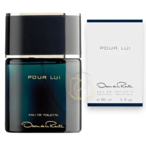 Frasco negro minimalista de Oscar de La Renta Pour Lui resaltando su estilo clásico y varonil.