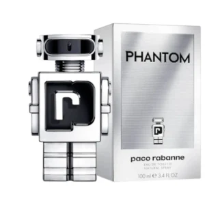 Icónico frasco plateado en forma de robot del perfume Paco Rabanne Phantom con diseño vanguardista.