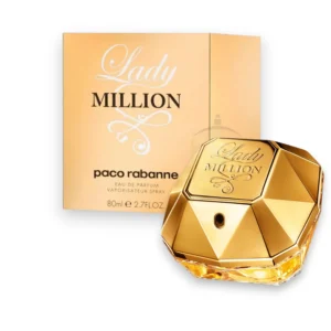 Elegante frasco de cristal tallado en forma de diamante dorado de Paco Rabanne Lady Million.