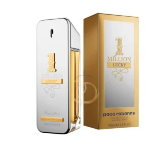 Llamativo lingote de platino y oro de 1 Million Lucky EDT que refleja lujo y modernidad.