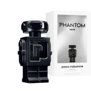 Elegante frasco de robot en color negro mate con detalles plateados del perfume Phantom Parfum.