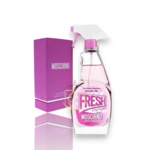 Frasco de Moschino Pink Fresh Couture con su icónico diseño de spray en un suave tono rosa pastel.