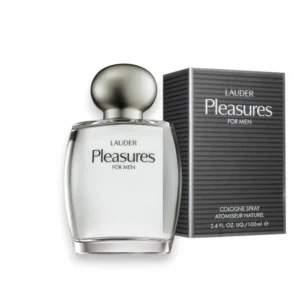 Frasco de Pleasures For Men con su diseño minimalista y transparente, evocando frescura y pureza.
