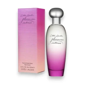 Frasco de Pleasures Intense For Women con sus tonos púrpuras degradados, evocando lujo y feminidad.