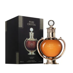 Frasco minimalista y sofisticado de Pure Crystal Lattafa que evoca la pureza de un diamante.