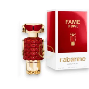 Frasco icónico de Rabanne Fame In Love Parfum Elixir resaltando su diseño dorado y esencia de lujo.