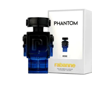 Frasco icónico en forma de robot con degradado azul noche del nuevo Rabanne Phantom Intense.