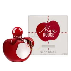 Frasco icónico en forma de manzana con un acabado lacado rojo intenso y un mordisco del perfume Rouge Nina Ricci.