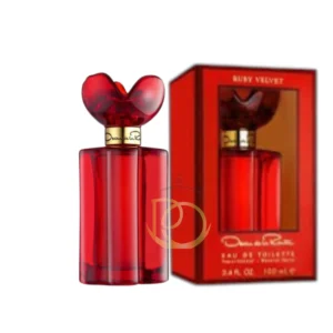Frasco joya de Ruby Velvet Oscar de la Renta resaltando su color rojo intenso y diseño elegante.