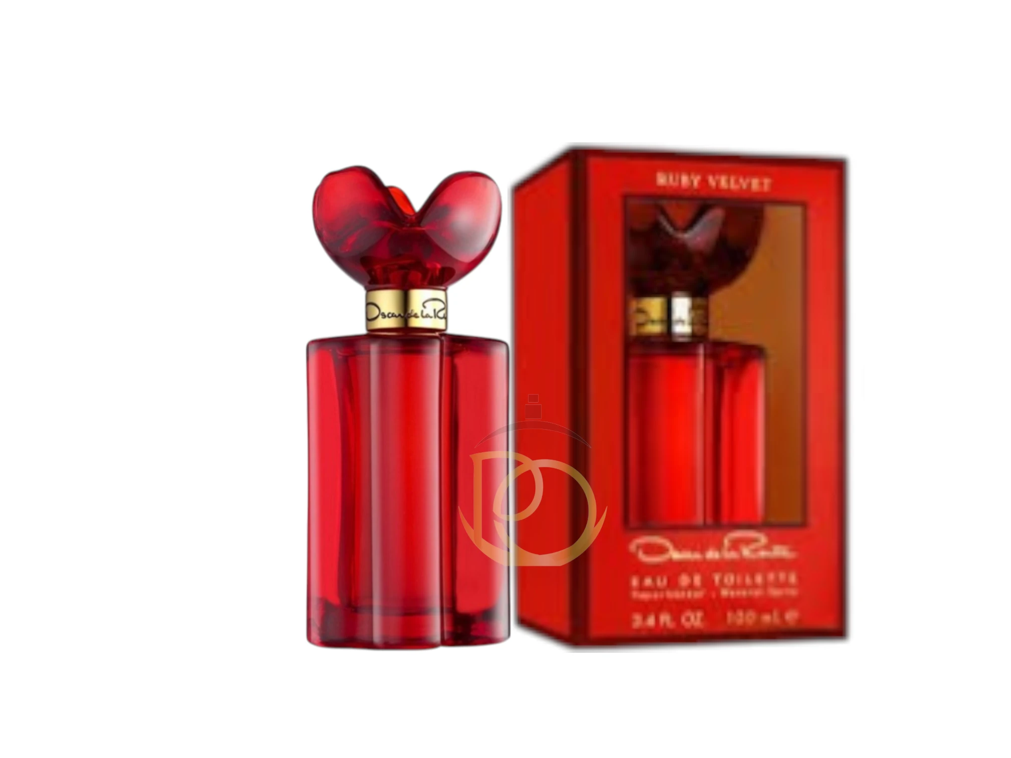 Frasco joya de Ruby Velvet Oscar de la Renta resaltando su color rojo intenso y diseño elegante.