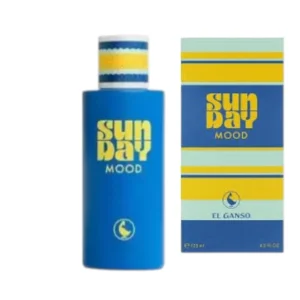 Frasco de Sunday Mood El Ganso con detalle textil amarillo, símbolo de luz y bienestar relajado.