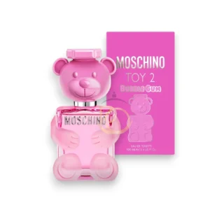 Frasco de Moschino Toy 2 Bubble Gum en cristal rosa con el icónico diseño del oso de peluche.