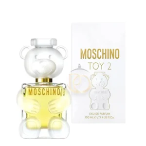Frasco de cristal transparente del perfume Moschino Toy 2 con el icónico diseño de oso de peluche.