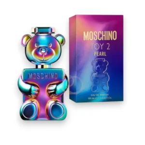 Frasco de Moschino Toy 2 Pearl con un acabado iridiscente y nacarado en forma de oso de peluche.