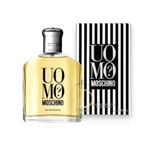 Frasco de Uomo Moschino de diseño clásico y transparente con tapón plateado y líneas minimalistas.