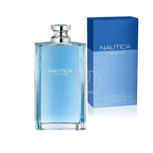 Frasco de cristal curvado de 200 ml con líquido azul celeste del perfume Voyage Nautica y elegante tapón metálico.