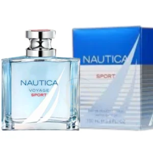 Frasco de cristal con diseño deportivo y líquido azul claro del perfume Voyage Sport Nautica con su distintivo logo.