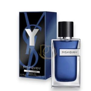 Elegante frasco azul escarchado del Perfume Y Iced Cologne YSL EDT Intense con detalles plateados.