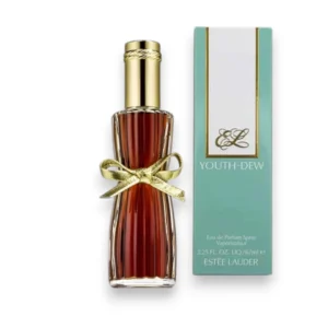 Elegante frasco de Youth Dew Estee Lauder con su icónico lazo dorado, evocando misterio y opulencia.