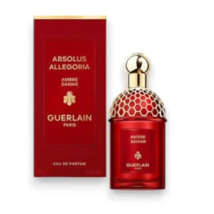 Frasco de Absolus Allegoria Ambre Samar resaltando su líquido dorado y el icónico diseño de abeja.