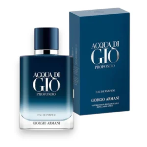 Icónico frasco azul marino esmerilado de Acqua Di Gio Profondo con detalles en plata cromada.