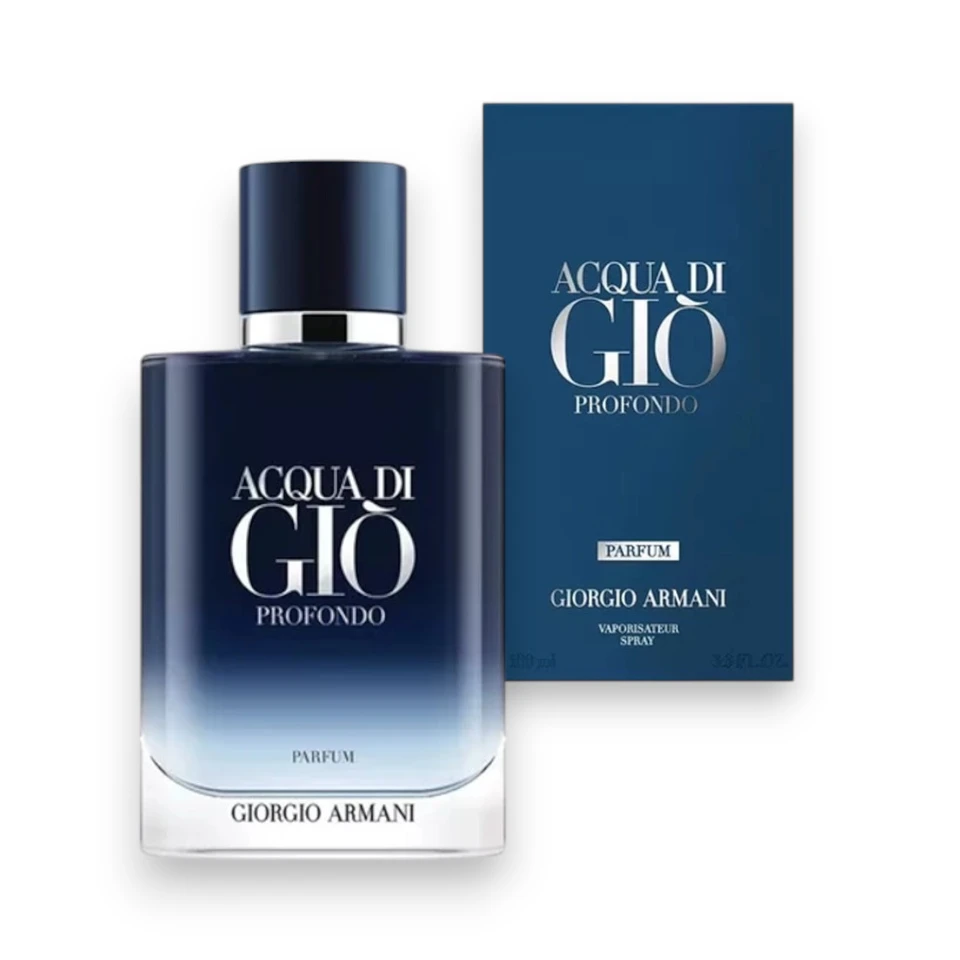 Elegante frasco de Acqua di Gio Profondo Parfum en degradado azul profundo con acabados de lujo.