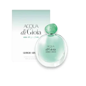 Frasco de cristal transparente con formas orgánicas de Acqua di Gioia, pura frescura femenina.