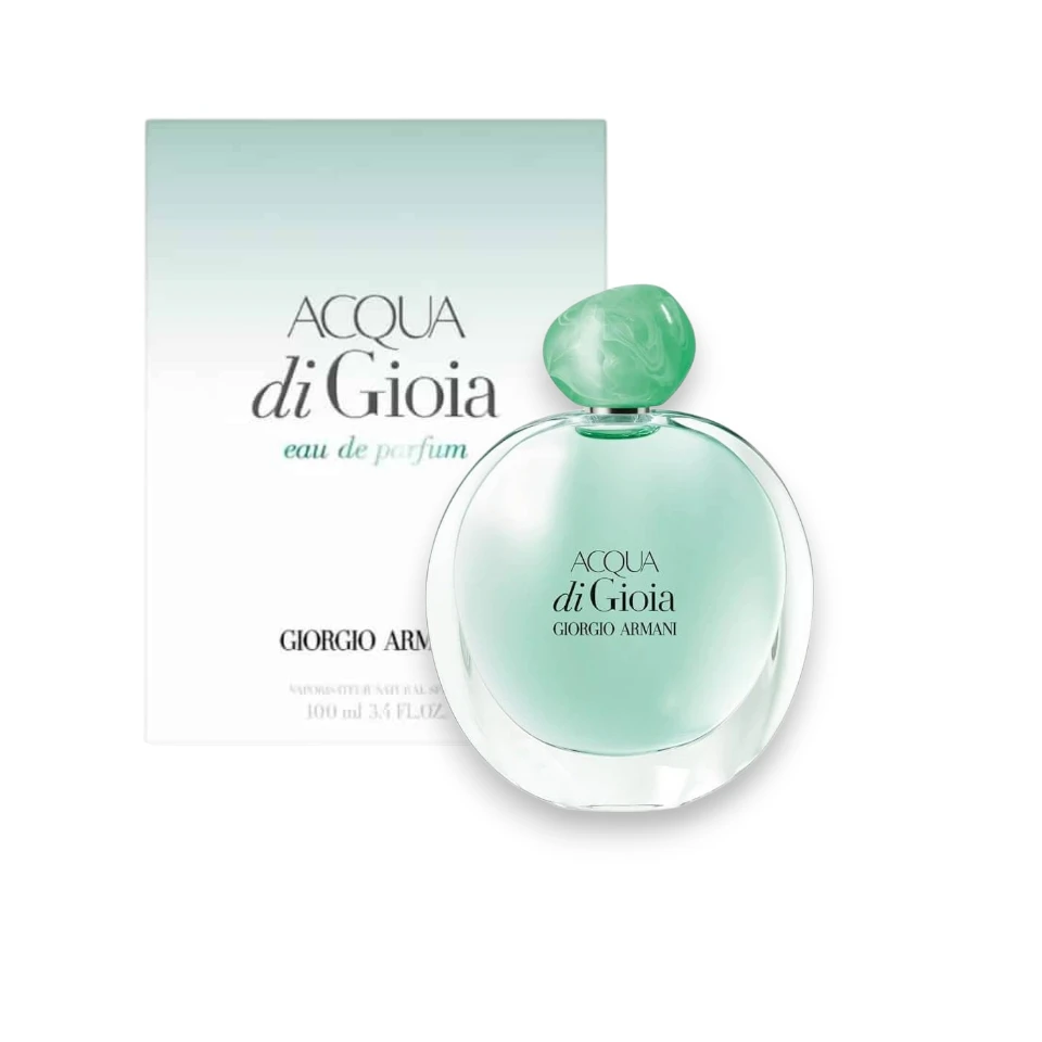 Frasco de cristal transparente con formas orgánicas de Acqua di Gioia, pura frescura femenina.