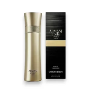Elegante frasco dorado de Armani Code Absolu Gold Parfum, el símbolo del lujo y el magnetismo puro.