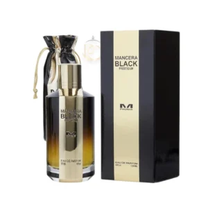 Perfume Black Prestigium Mancera con notas de oud, rosa y almizcle, intenso y elegante.