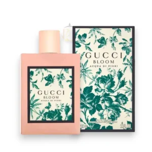 Frasco rosa vintage con estampado herbario verde del perfume Bloom Acqua Di Fiori de Gucci.