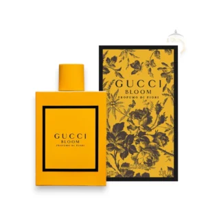 Frasco de color amarillo miel intenso con la icónica etiqueta de Gucci Bloom Profumo Di Fiori.