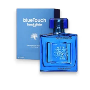 Perfume Franck Olivier Blue Touch: frasco azul con relieve, fragancia fresca, cítrica y marina.