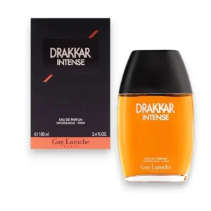 Frasco imponente de Drakkar Intense EDP con acabados en ámbar, evocando poder y seducción masculina.