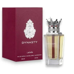 Lujoso frasco de Dynasty Lattafa con detalles ornamentados que reflejan su esencia real y exclusiva.