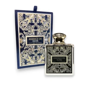 Frasco minimalista de Essence De Noir en cristal oscuro que evoca la profundidad y el lujo nocturno.