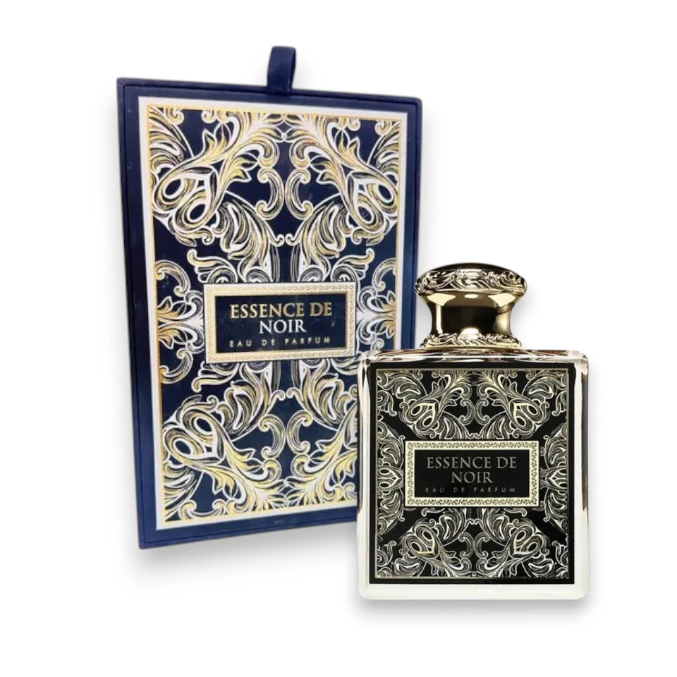 Frasco minimalista de Essence De Noir en cristal oscuro que evoca la profundidad y el lujo nocturno.