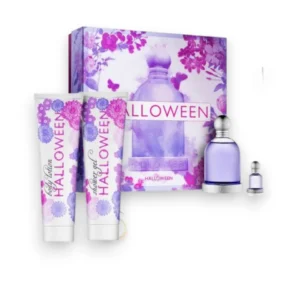 Imagen del Estuche Halloween EDT resaltando el icónico frasco color púrpura y sus productos del set.