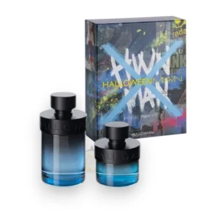 Elegante Estuche Halloween Man X 2Pzs mostrando el perfume y su complemento en un diseño muy urbano.