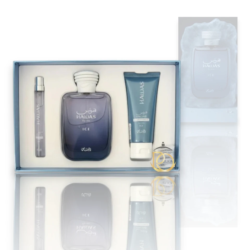 Elegante frasco de Hawas Ice con detalles metálicos y su distintivo color azul cristalino.