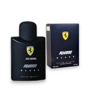 Perfume Ferrari Scuderia Black: frasco negro mate elegante, aroma intenso y seductor para hombres.